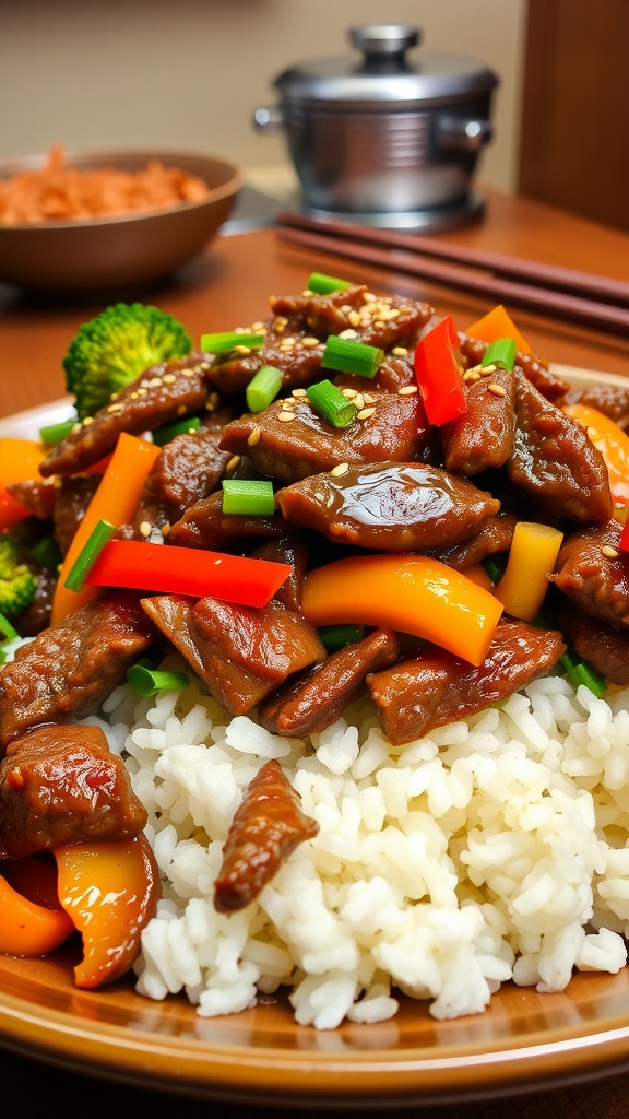 A delicious beef stir-fry with vegetables served over rice, garnished with sesame seeds and green onions.